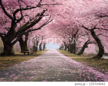 満開の桜並木と花びらの絨毯が続く春の通学路 満開の桜並木と花びらの絨毯が続く春の通学路 135724042