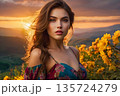 beautiful girl in a dress on a field of sunflowers 135724279