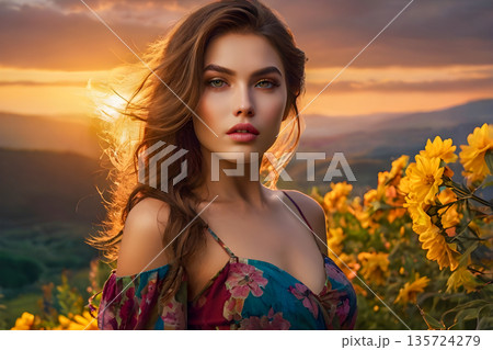beautiful girl in a dress on a field of sunflowers 135724279