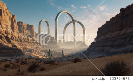 Futuristic Metallic Arches Rising in Surreal Desert Canyon Landscape Futuristic Metallic Arches Rising in Surreal Desert Canyon Landscape 135724678