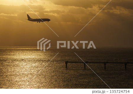 夕方の海とB737 135724754