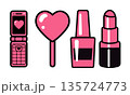 Set of four bright pink icons representing love and beauty: a flip phone, heart lollipop, nail polish, and lipstick. Bold retro aesthetic. Flat design style. Valentines Day. Cute pink retro vibe 135724773
