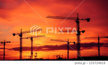 Construction Cranes Silhouette at Sunset Industrial City Skyline 135724818
