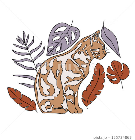 Sitting cat with tropical leaves around vector illustration Sitting cat with tropical leaves around vector illustration 135724865