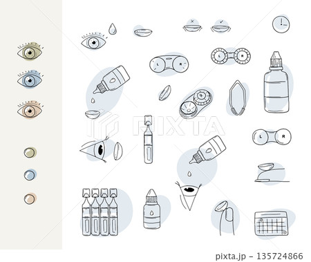 Eye care vector set. Contact lenses doodle vector illustrations. Eye lens, drops, tweezers, case, wash liquid, colored contacts, calendar. Eye care vector set. Contact lenses doodle vector illustrations. Eye lens, drops, tweezers, case, wash liquid, colored contacts, calendar. 135724866