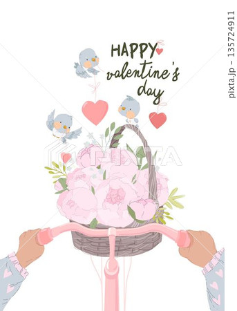 Cartoon Bike and Basket With Flowers. Birds holding Pink Hearts. Valentines Day Cartoon Bike and Basket With Flowers. Birds holding Pink Hearts. Valentines Day 135724911