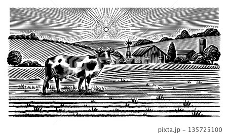A cow on a Rustic meadow hand drawn village landscape illustration with fields. Beautiful scentic 135725100