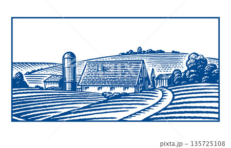 Rustic meadow hand drawn village landscape illustrations with fields, house and windmill. Beautiful 135725108