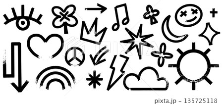 Grunge crayon kids scribble elements. Hand drawn colourful doodles with eye, crown and sun. Cute Grunge crayon kids scribble elements. Hand drawn colourful doodles with eye, crown and sun. Cute 135725118