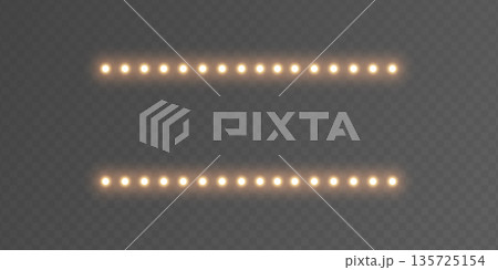 Light bulb gold lines frame. Glitter luxury decoration. Golden lamp rectangle banner. Retro neon wall billboard. Cinema, casino design. Mirror background. Marquee circus bg. Vector illustration 135725154