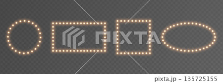 Light bulb gold frame set. Glitter luxury decoration. Golden lamp rectangle banner. Retro neon wall billboard. Cinema, casino design. Mirror background. Marquee circus bg. Vintage.Vector illustration 135725155
