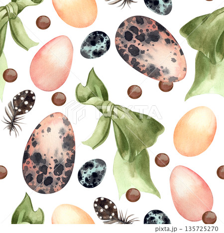 A seamless pattern with watercolor Easter eggs, green bows, brown dots, and feathers. All objects are hand-drawn in watercolor. A spring festive background for greeting cards, invitations, or paper. 135725270