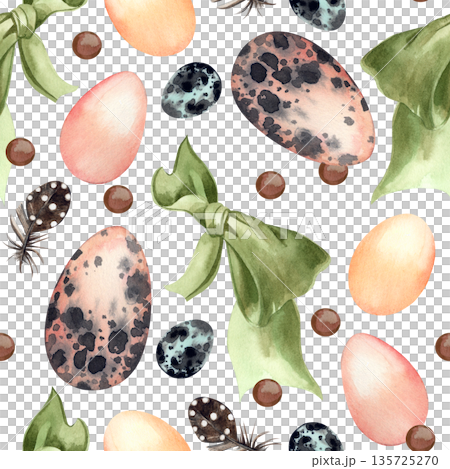 A seamless pattern with watercolor Easter eggs, green bows, brown dots, and feathers. All objects are hand-drawn in watercolor. A spring festive background for greeting cards, invitations, or paper. 135725270