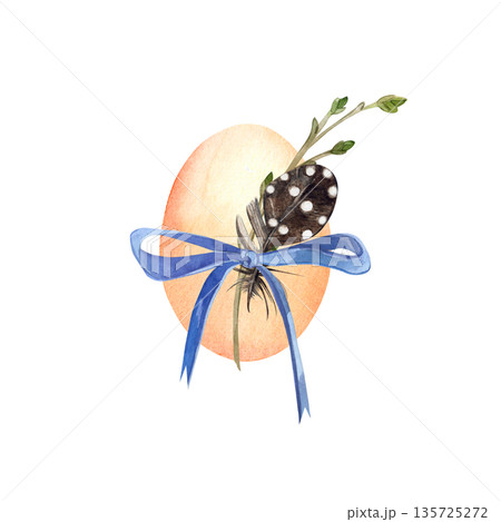 A hand-painted watercolor painting of an Easter egg with a blue ribbon, a feather, and a tree branch. This illustration is perfect for printing on cards, invitations, and spring holiday decor. 135725272
