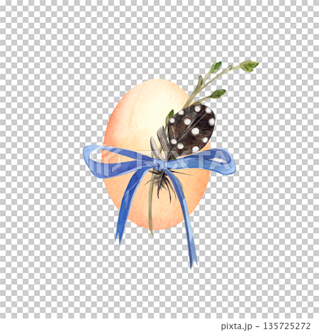 A hand-painted watercolor painting of an Easter egg with a blue ribbon, a feather, and a tree branch. This illustration is perfect for printing on cards, invitations, and spring holiday decor. A hand-painted watercolor painting of an Easter egg with a blue ribbon, a feather, and a tree branch. This illustration is perfect for printing on cards, invitations, and spring holiday decor. 135725272