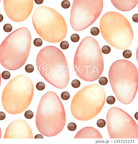 A seamless watercolor pattern with pink and peach Easter eggs and chocolates. All objects are hand-painted in watercolor. Pattern is perfect for decorating cards, invitations, and fabrics. 135725273