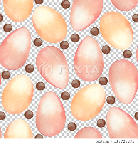 A seamless watercolor pattern with pink and peach Easter eggs and chocolates. All objects are hand-painted in watercolor. Pattern is perfect for decorating cards, invitations, and fabrics. 135725273