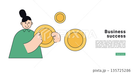 Flat illustration of woman holding gold coins to represent business success, profit and financial achievement, minimal modern style with abstract elements for corporate banner. Flat illustration of woman holding gold coins to represent business success, profit and financial achievement, minimal modern style with abstract elements for corporate banner. 135725286