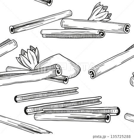 Hand-drawn seamless pattern made of cinnamon sticks and cinnamon plant flower and ground cinnamon powder, graphic illustration Hand-drawn seamless pattern made of cinnamon sticks and cinnamon plant flower and ground cinnamon powder, graphic illustration 135725288