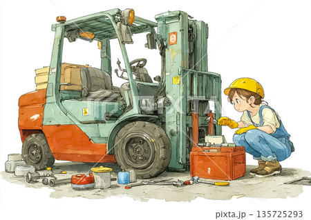 働く女性シリーズ:フォークリフトを整備する女性作業員|物流現場の日常イラスト 働く女性シリーズ:フォークリフトを整備する女性作業員|物流現場の日常イラスト 135725293