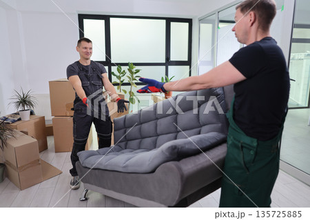 Two movers carefully transport a gray sofa in a bright room filled with boxes and plants during a busy relocation day Two movers carefully transport a gray sofa in a bright room filled with boxes and plants during a busy relocation day 135725885