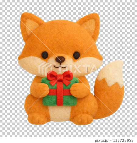 【クリスマス】フェルト風のプレゼントを抱くキツネのイラスト 135725955
