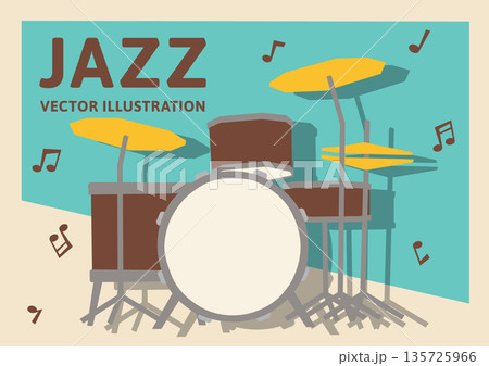 横型Aサイズの背景素材。ドラムセットが描かれたレトロなデザインのベクターイラストデータ 横型Aサイズの背景素材。ドラムセットが描かれたレトロなデザインのベクターイラストデータ 135725966