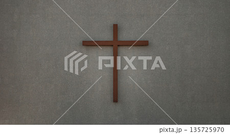 Christian wooden crucifix on a wall background The back of the christ church. 135725970