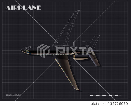 Private jet blueprint. Outline drawing of a black airplane. Industrial diagram of an aircraft and contour diagram. Top view of an 3D plane Private jet blueprint. Outline drawing of a black airplane. Industrial diagram of an aircraft and contour diagram. Top view of an 3D plane 135726070