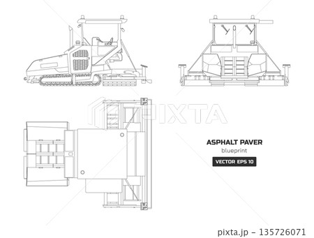 Asphalt paver outline drawing. Side, top and front views. Line industrial road machine. Urban building vehicle blueprint. Isolated roadwork equipment 135726071
