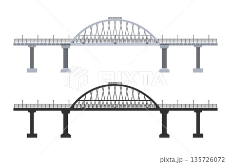 Isolated bridge side view. Industrial drawing of an architectural structure. Modern engineering transport structure. Detailed blueprint Isolated bridge side view. Industrial drawing of an architectural structure. Modern engineering transport structure. Detailed blueprint 135726072