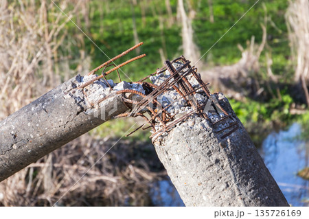 Cracked concrete pole with exposed rusted rebar Cracked concrete pole with exposed rusted rebar 135726169