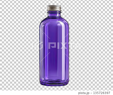Clear glass bottle with purple tint, featuring silver screw cap, ideal for beverages or storage 135726397