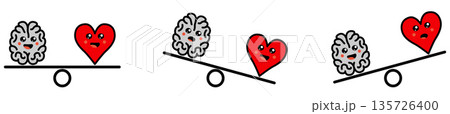 Cute Kawaii style brain and heart on weight scales, balanced or one side heavier version, emotions and rational thinking conflict concept Cute Kawaii style brain and heart on weight scales, balanced or one side heavier version, emotions and rational thinking conflict concept 135726400