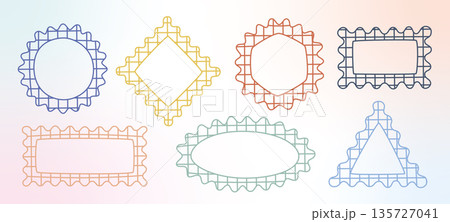 Hand drawn checkered geometric shapes, figures. Cute y2k squiggle frames. Bold bordered vector frameworks, rectangle, triangle. 135727041