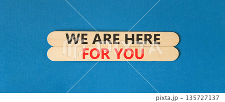 Support, help and we are here for you symbol. Concept words We are here for you on beautiful wooden sticks. Beautiful blue background. Business we are here for you concept. Copy space. 135727137