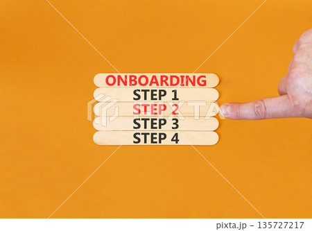 Time to step 2 onboarding symbol. Concept words Onboarding step 2 on beautiful wooden block. Businessman's hand. Beautiful orange background. Business success step 2 onboarding concept. Copy space. 135727217