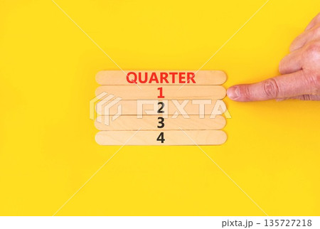 1st first quarter 1 symbol. Concept word Quarter 1 on beautiful wooden sticks. Beautiful yellow background. Businessman's hand. Business, happy 1st first quarter 1 Q1 concept. Copy space. 135727218