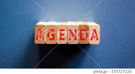 Agenda symbol. Concept word Agenda on beautiful wooden blocks. Beautiful blue background. Business agenda concept. Copy space. Agenda symbol. Concept word Agenda on beautiful wooden blocks. Beautiful blue background. Business agenda concept. Copy space. 135727220