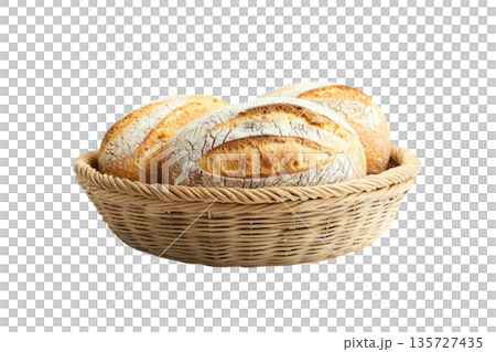 A beautifully arranged basket of freshly baked round breads, perfect for culinary, baking, and food presentation themes. 135727435