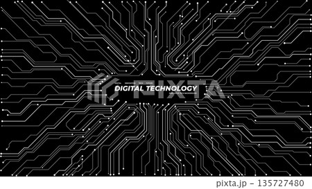 Black circuit board pattern with empty center area for text. 135727480