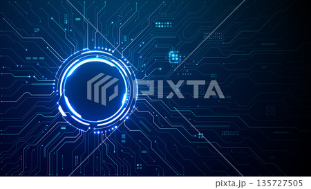 Neon round gateway with chip traces spreading across technological bg 135727505