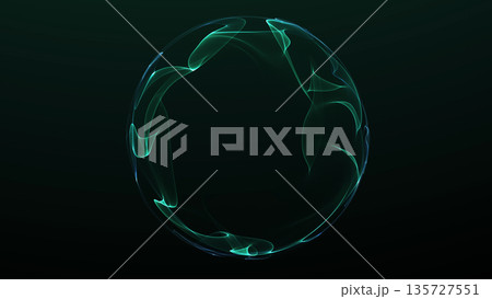 Dynamic green and blue fractal energy sphere with flowing plasma structures and glowing light waves, abstract futuristic digital orb. 135727551