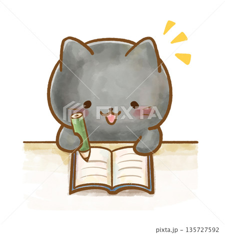 勉強がわかる黒猫/教育・学習の水彩イラスト 勉強がわかる黒猫/教育・学習の水彩イラスト 135727592