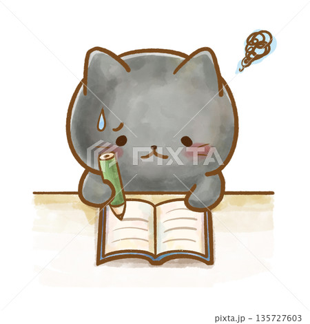 勉強が理解できない黒猫/教育・学習の水彩イラスト 勉強が理解できない黒猫/教育・学習の水彩イラスト 135727603