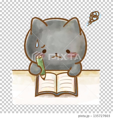 Black cat who can't understand his studies / watercolor illustration of education and learning 135727603