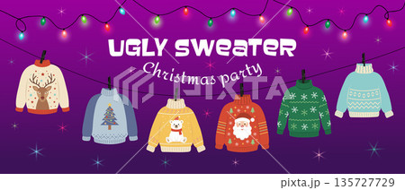 A vector banner reading Ugly Sweater Christmas Party with six colorful cartoon sweaters hanging from a glowing light garland A vector banner reading Ugly Sweater Christmas Party with six colorful cartoon sweaters hanging from a glowing light garland 135727729
