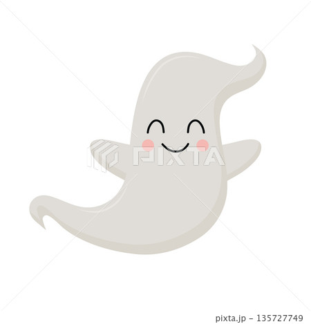 A cute, friendly white ghost character with rosy cheeks, smiling and waving 135727749