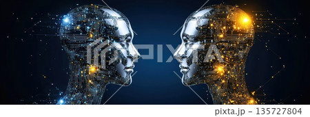 Two metallic humanoids silently exchange ideas, lit by glowing circuitry and lights 135727804