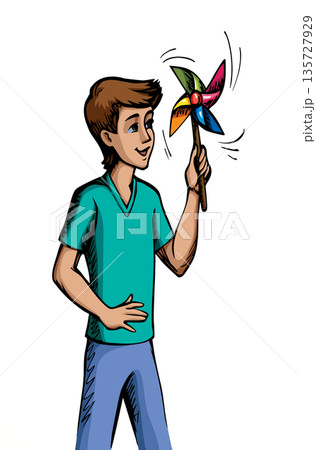 Vector drawing. A boy with a wind toy 135727929